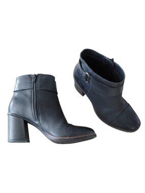 Korks Ease Decola Sz 6M Leather Black Ankle Boots Block Heels round toe Women's